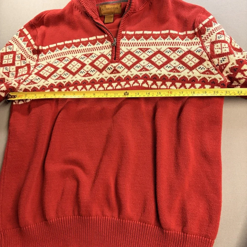 St Johns Bay Mens Large Red Fair Isle Nordic Quarter Zip Cotton Sweater